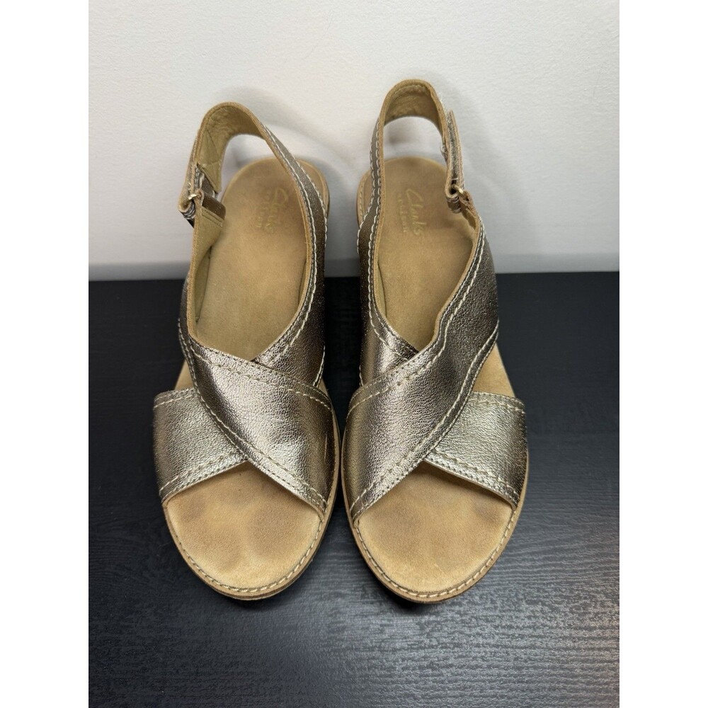 Clarks Wedge Sandals Womens Size 7 Aisley Tulip Gold Metallic Leather - Picture 5 of 12